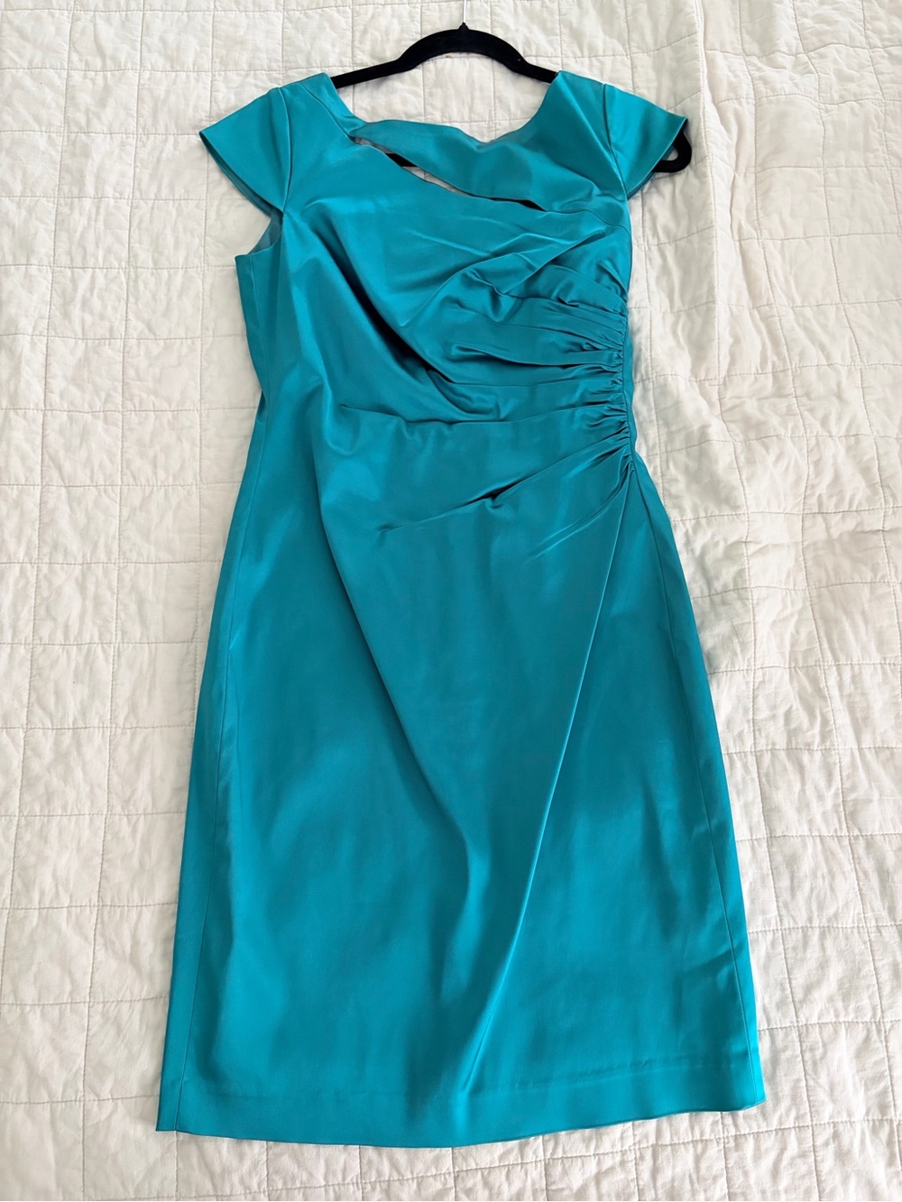 Kay Unger Teal Cap-Sleeve Ruched Sheath Dress